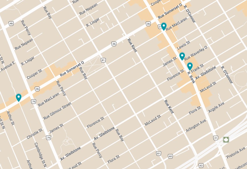 Carte avec des repères indiquant l'emplacement des placettes publiques