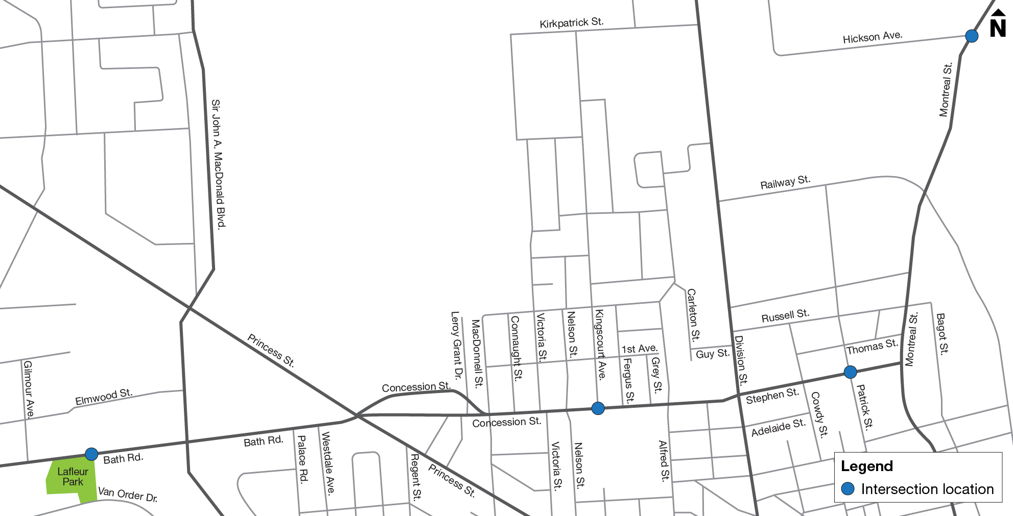 A map of Kingston indicating project locations for intersection upgrades.