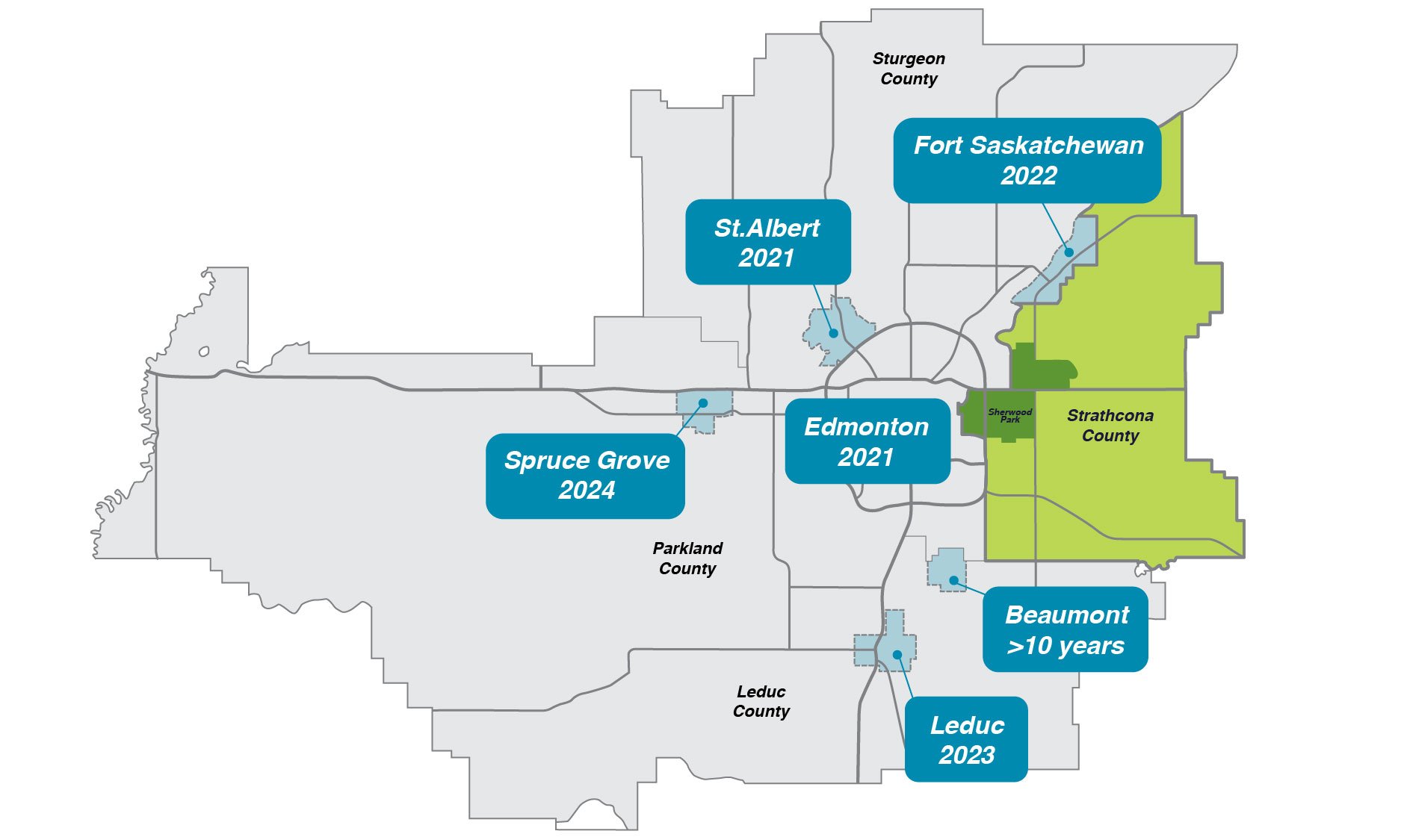 Map of the Edmonton region highlighting several municipalities and the year they implemented 40 kilometre per hour speed limits in residential areas. St. Albert 2021; Edmonton 2021; Fort Saskatchewan 2022; Spruce Grove 2024; Leduce 2023; and Beaumont more than 10 years ago. 