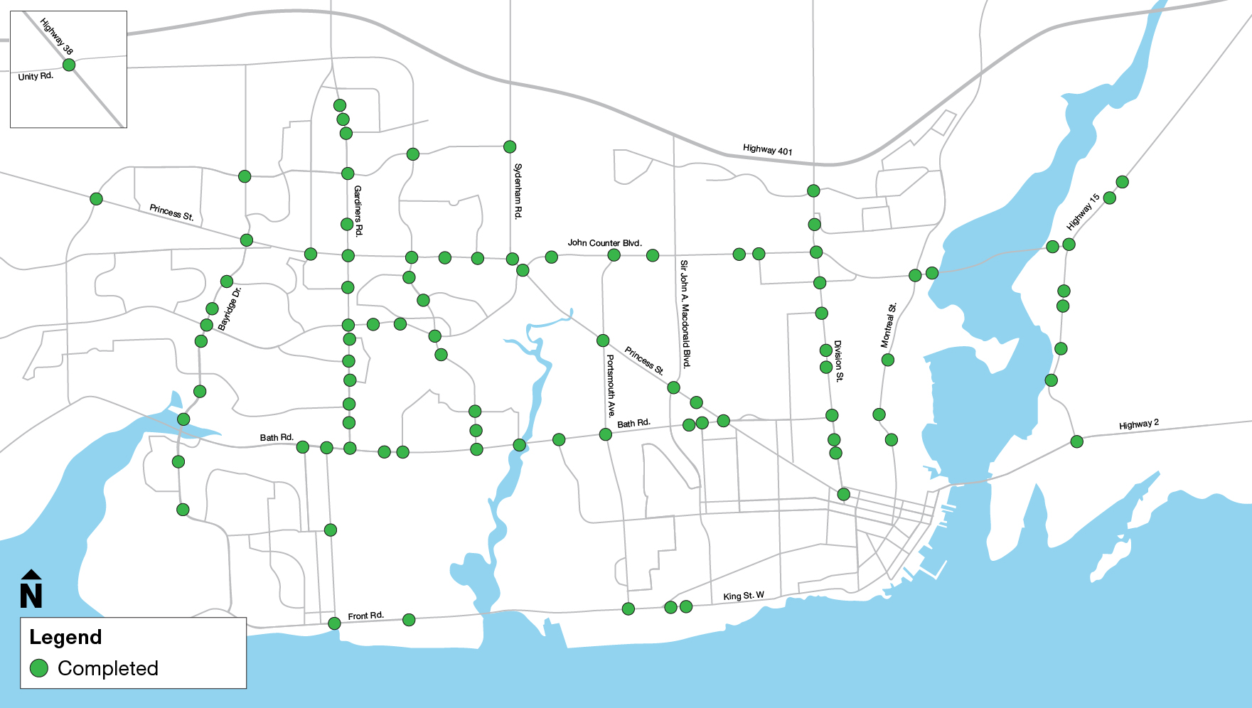 A map of Kingston indicating the locations of intersections where traffic signal technology and detection equipment has been upgraded.