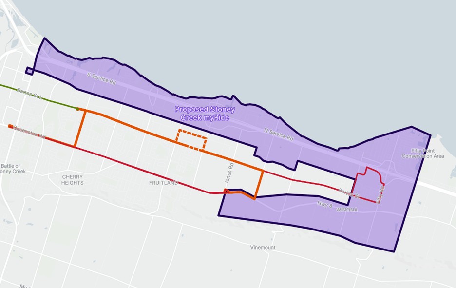 visual map of Stoney Creek my-Ride zone
