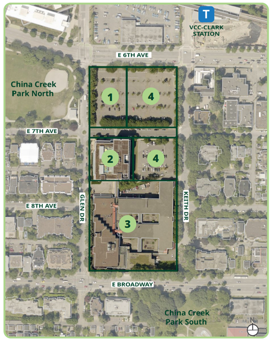 Map indicating site boundaries of East Broadway to  the south, East 6th Avenue to the north, Glen Drive to the west, and Keith Drive to the east. Centre for Clean Energy and Automotive Innovation at northwestern end of the site. Building B just south of it. Building A borders East Broadway. Surface parking lots on the northeastern end of the site.