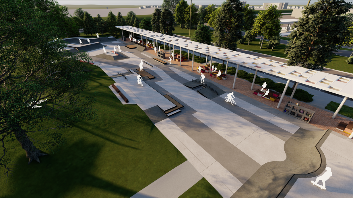 Aerial perspective of skateboard park from northeast