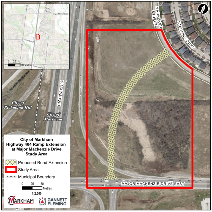 Overview of Markham showing proposed highway extension.