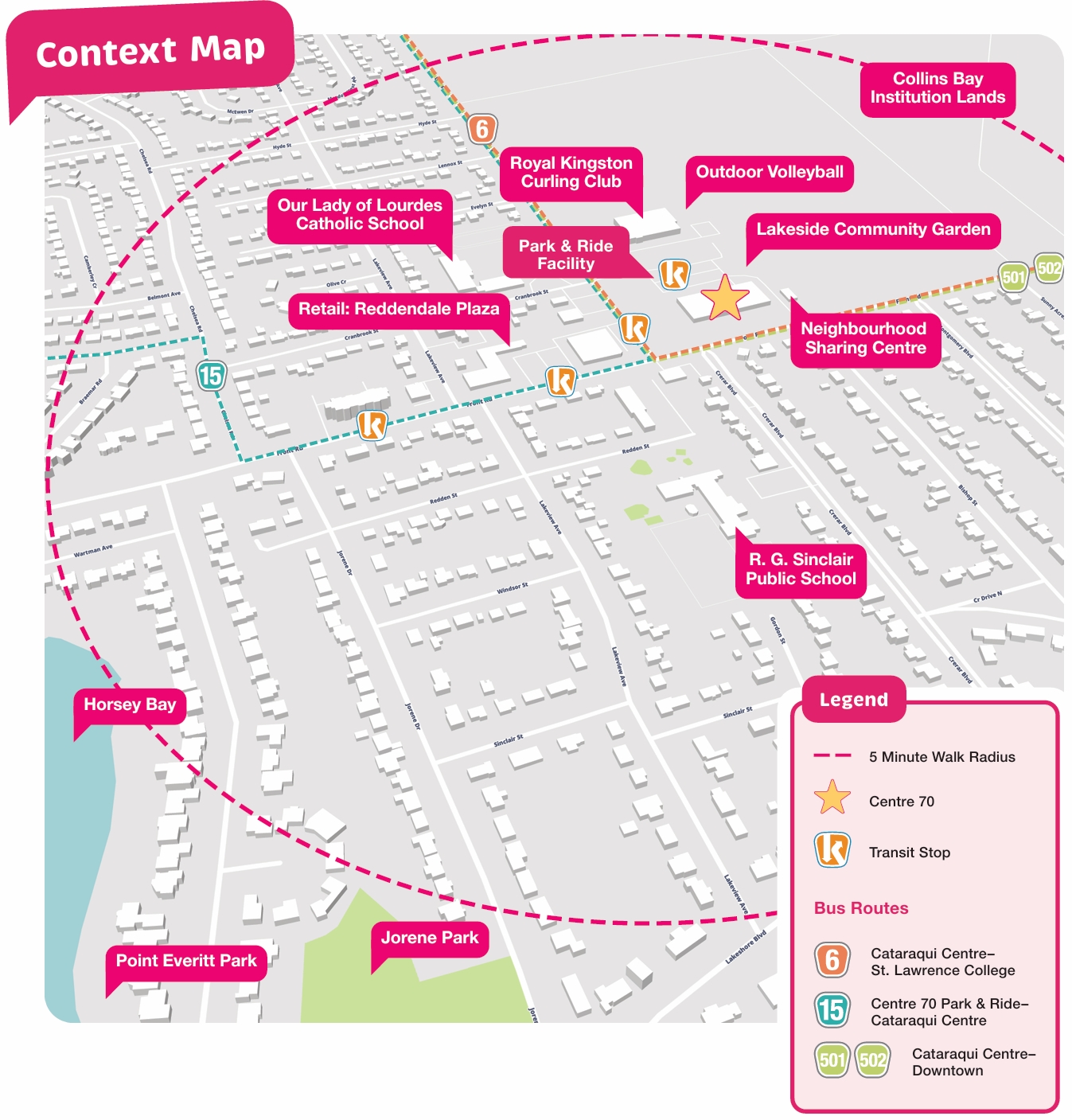 A map showing the location of Centre 70 in Kingston along with a number of other nearby amenities and points of interest as well as nearby transit routes.