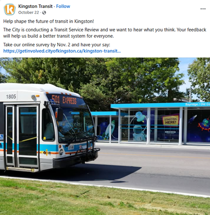A screenshot of a Fecbook post advertising the Transit Service Review.