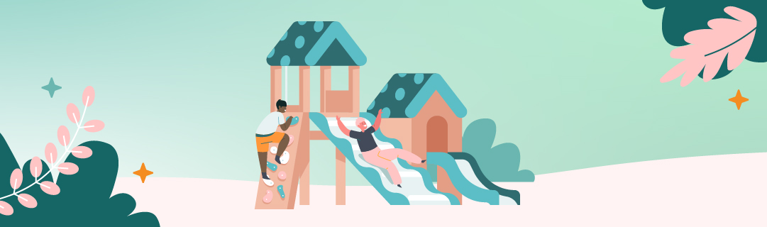 A graphic of playground equipment. One child is climbing the ladder and another is going down the slide.