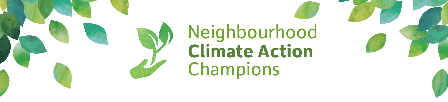 Neighbourhood Climate Action Champions. Logo of a hand holding a leaf.