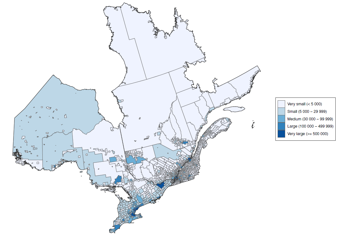 Map of census subdivision (CSD) in the Central region, corresponding to Ontario and Quebec, which shows the population concentrated in the southernmost parts of the region, as well as in regional hubs. 