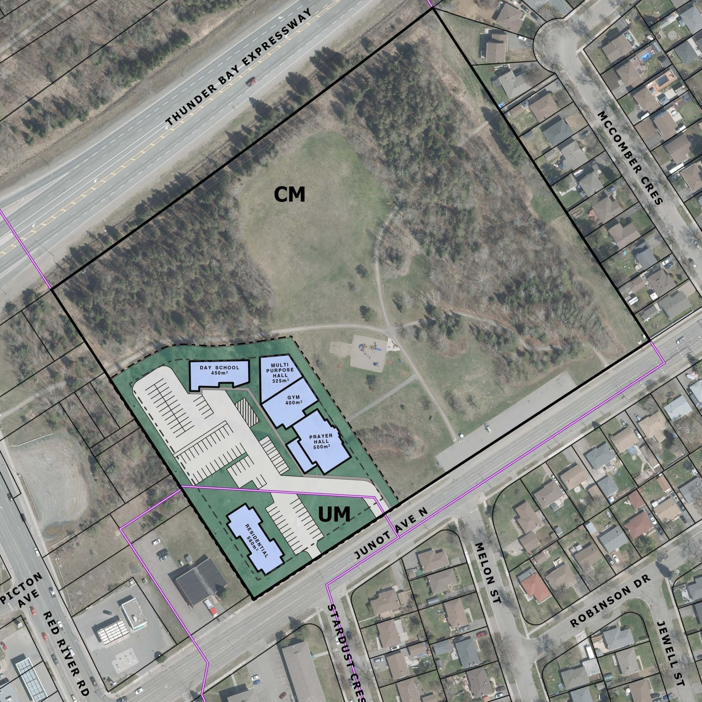 A map shows a site plan with a prayer hall (500 square metres), gym (400 square metres), multi-purpose hall (325 square metres), day school (450 square metres), and residential development (560 square metres) superimposed over the corner of an aerial image of Junot Park.