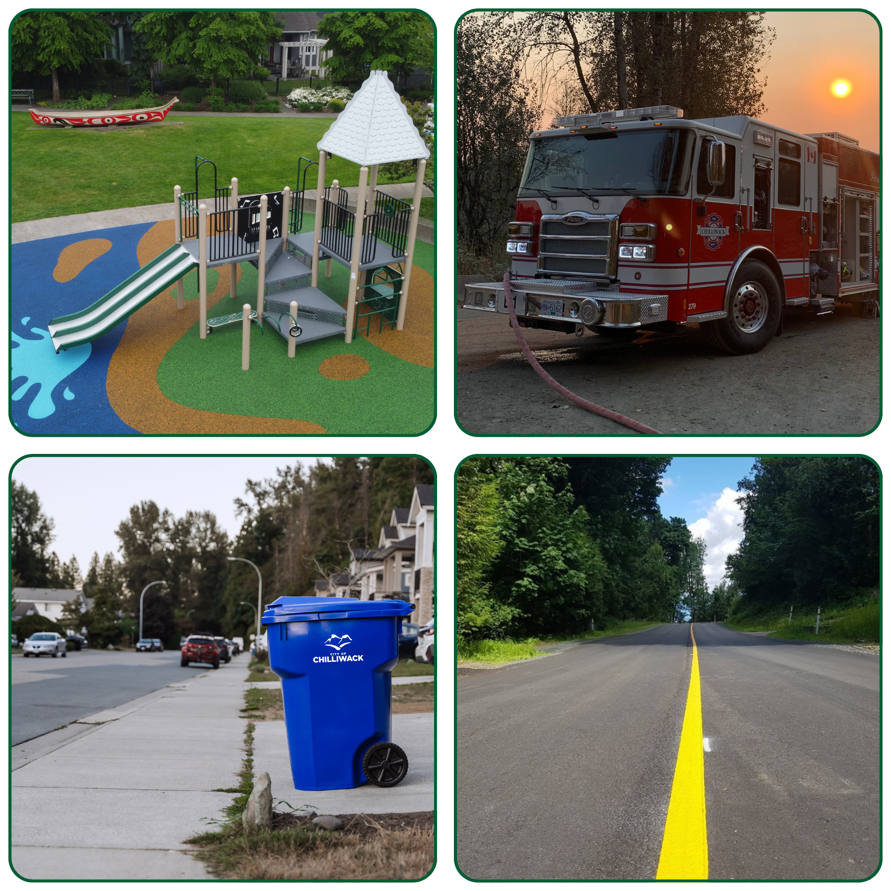 Four photos from top left, clockwise: A playground, a firetruck, a paved road, a recycling bin