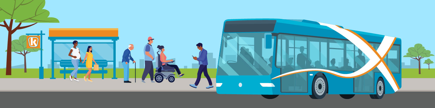 A decorative image showing a diverse group of people including some with disabilities waiting to board a Kingston Transit Bus.