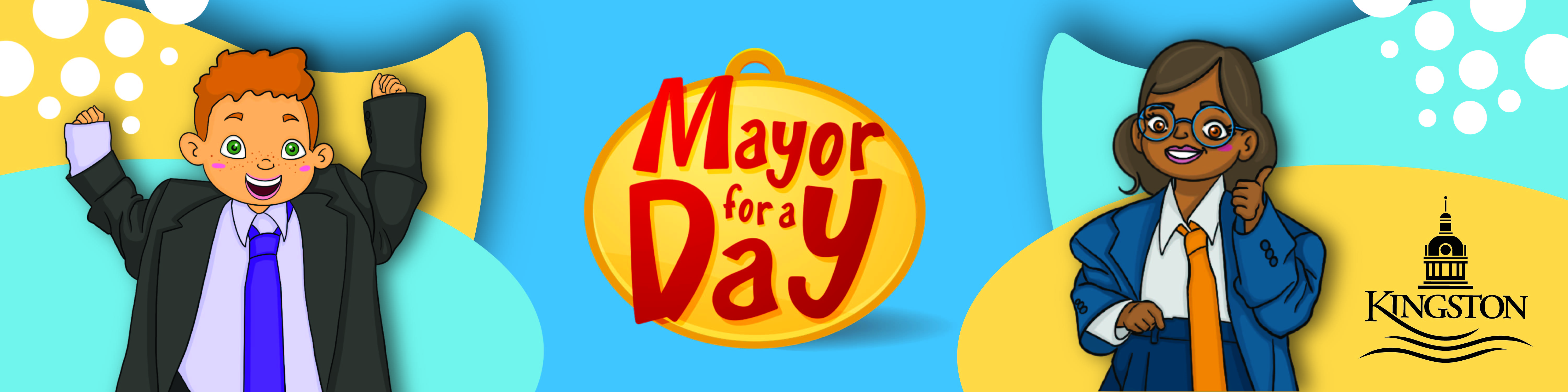 Two kids wearing oversized suits and ties. A large yellow medallion with red text, Mayor for a Day.