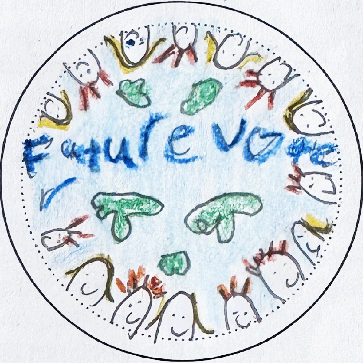 Blue background with green islands, around the circle are smiling faces, text says "Future Voter" 