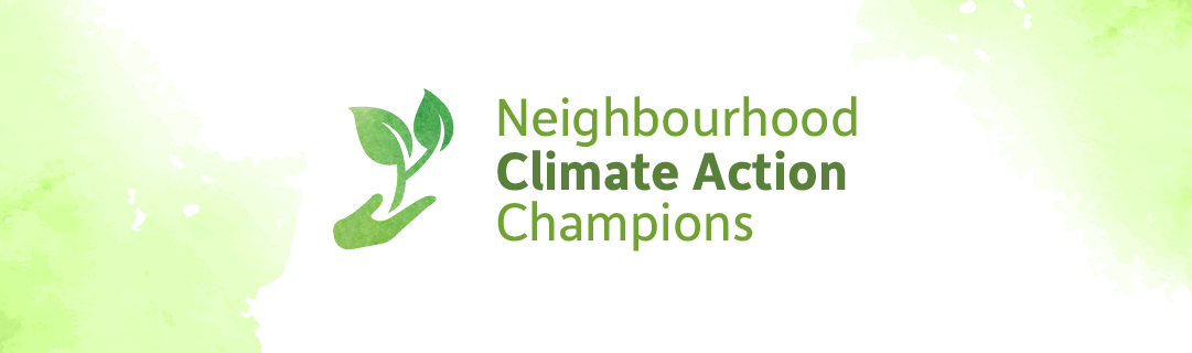 An icon of a hand holding a leaf. Text says Neighbourhood Climate Action Champions.