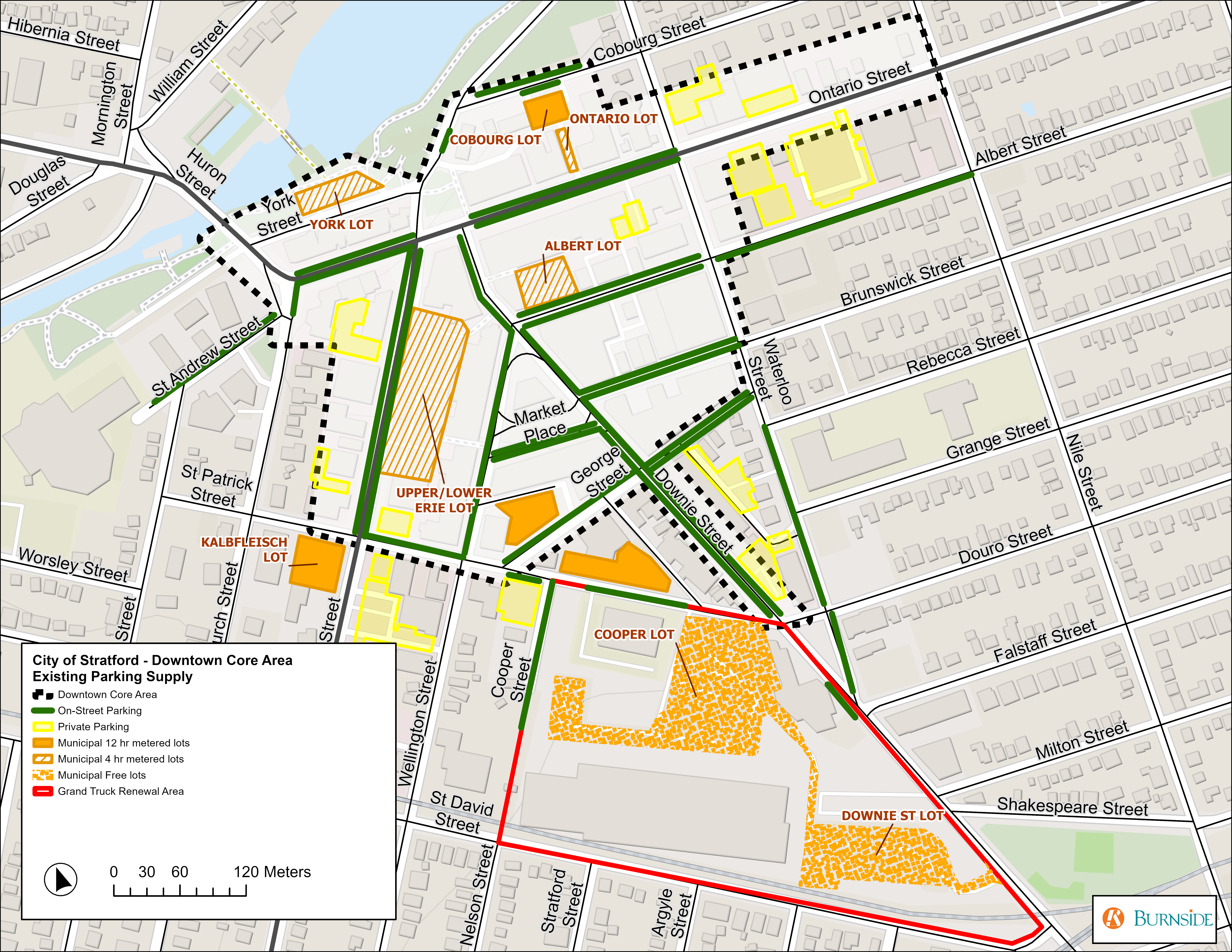 Map of downtown Stratford with a dotted line showing the limits of the study area.