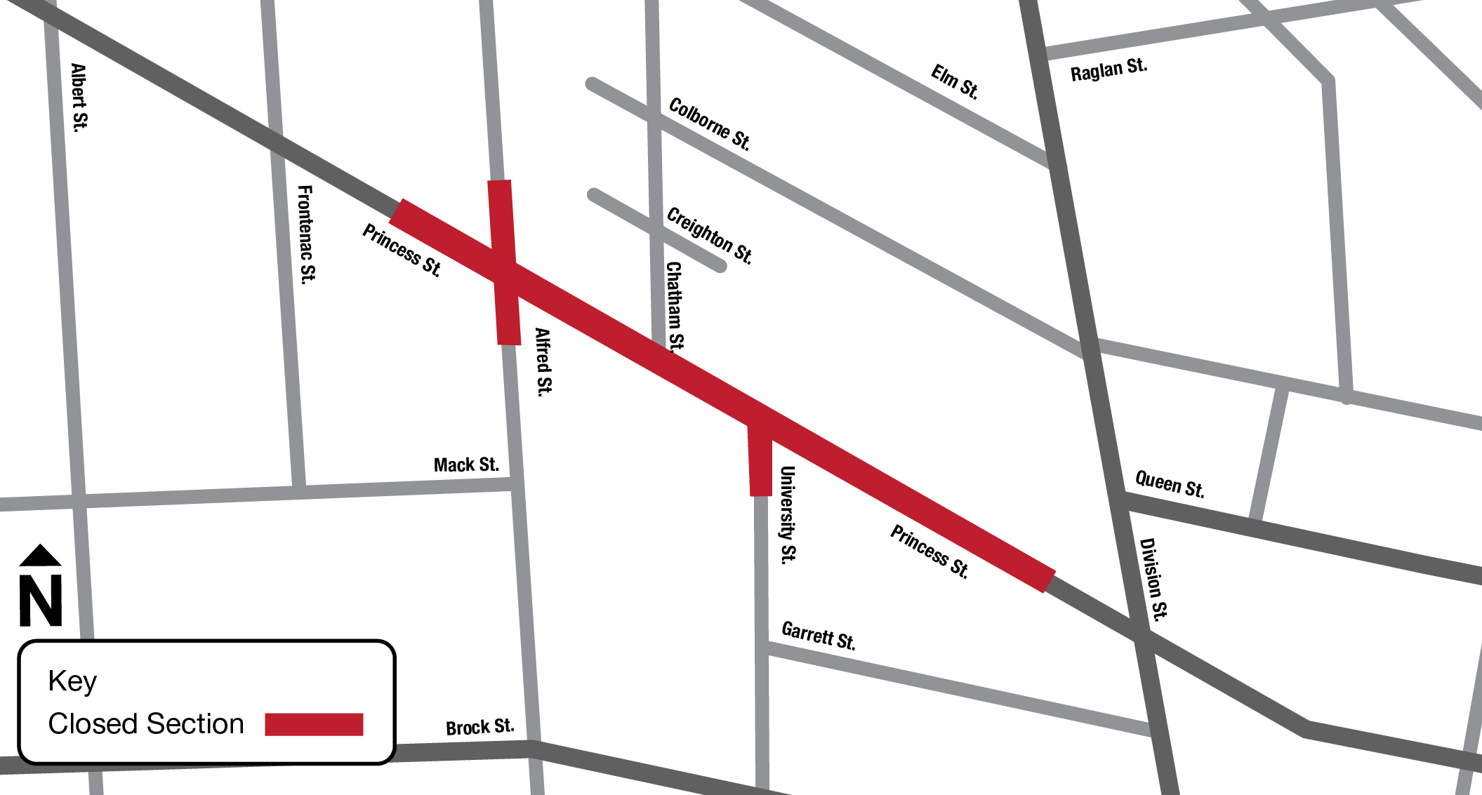 A map showing the Williamsville area. Princess Street between Division Street and Frontenac Street is marked in red, showing it is closed for construction.