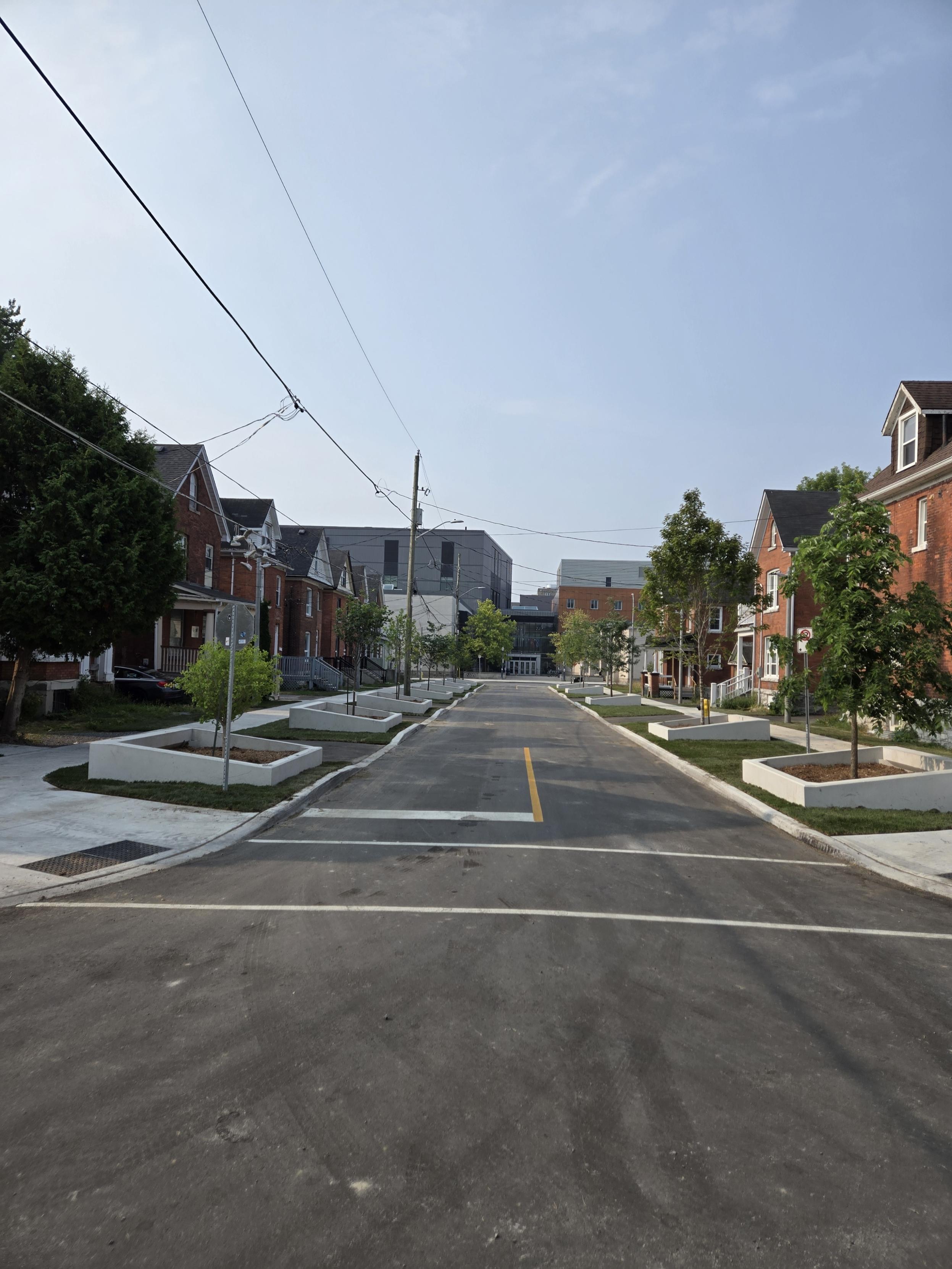 The newly built sidewalk and tree beds.