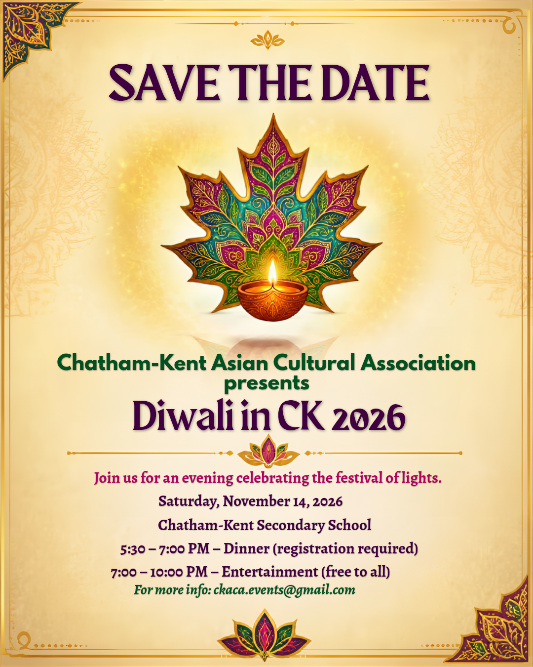 A flyer promoting the event. Image of a diya - an oil candle - infront of a colourful maple leaf. All text below.