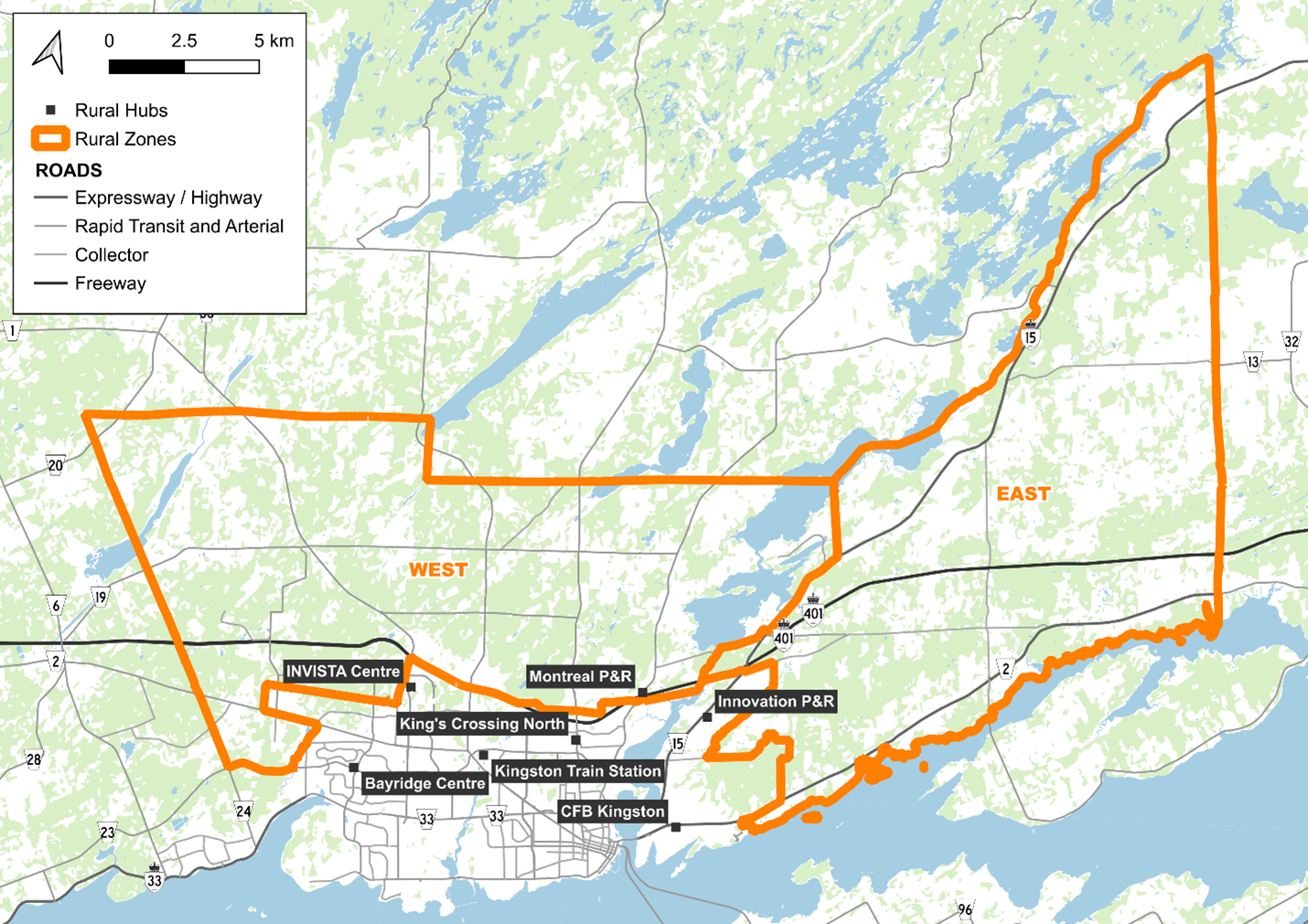 A map showing the east and west rural areas, and transfer areas.
