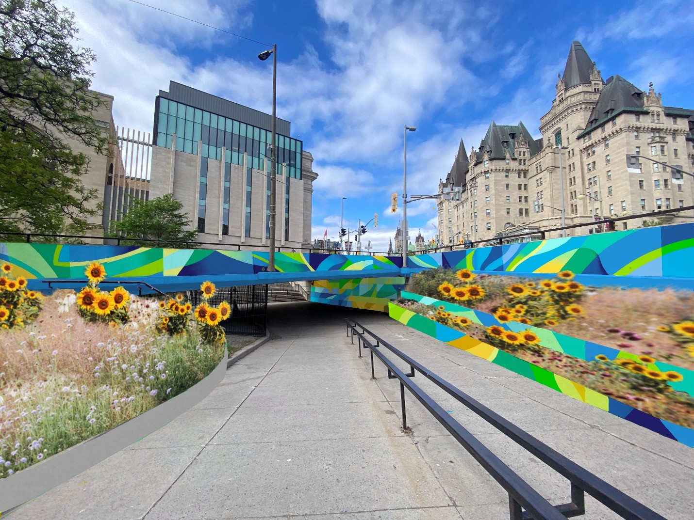 Rendu d’avant-projet du passage inférieur Rideau-Sussex, avec des murs ornés de murales abstraites colorées et de grandes plates-bandes fleuries le long de la voie piétonne.