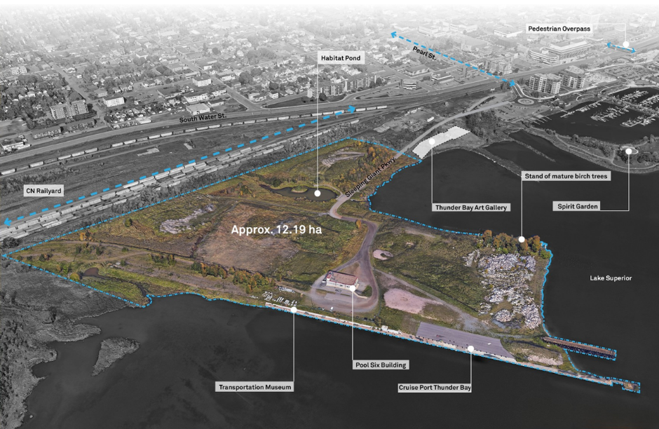 A 3D view of the Pool 6 property shows the property in relation to Thunder Bay's north core, highlighting elements such as the cruise ship dock, future Thunder Bay Art Gallery, Thunder Bay Transportation Museum, and more.