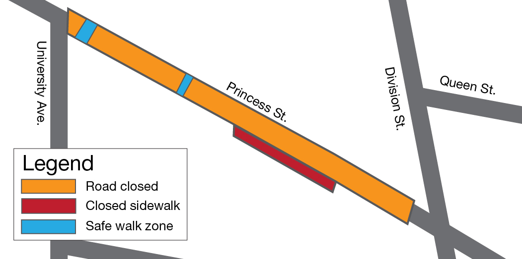 A map showing Princess Street between Division Street and University Avenue. The street is marked in orange to signify it is closed and there are two safe walk zones, highlighted in blue, towards University Avenue. A section of sidewalk on the southside of the street, closer to Division Street, is highlighted in red to signify it is closed.