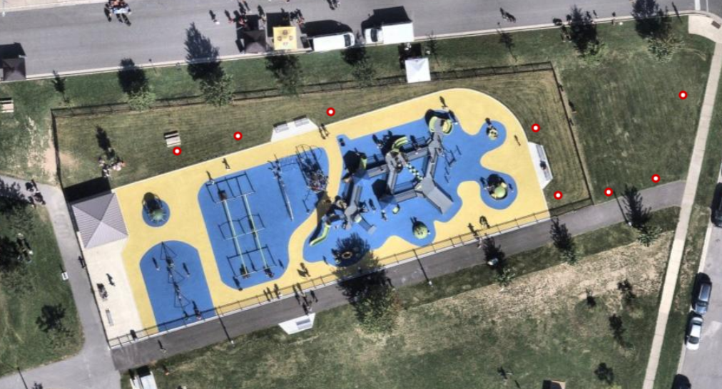 Overhead shot of the Jumpstart Inclusive Playground showing locations of 8 new trees. 