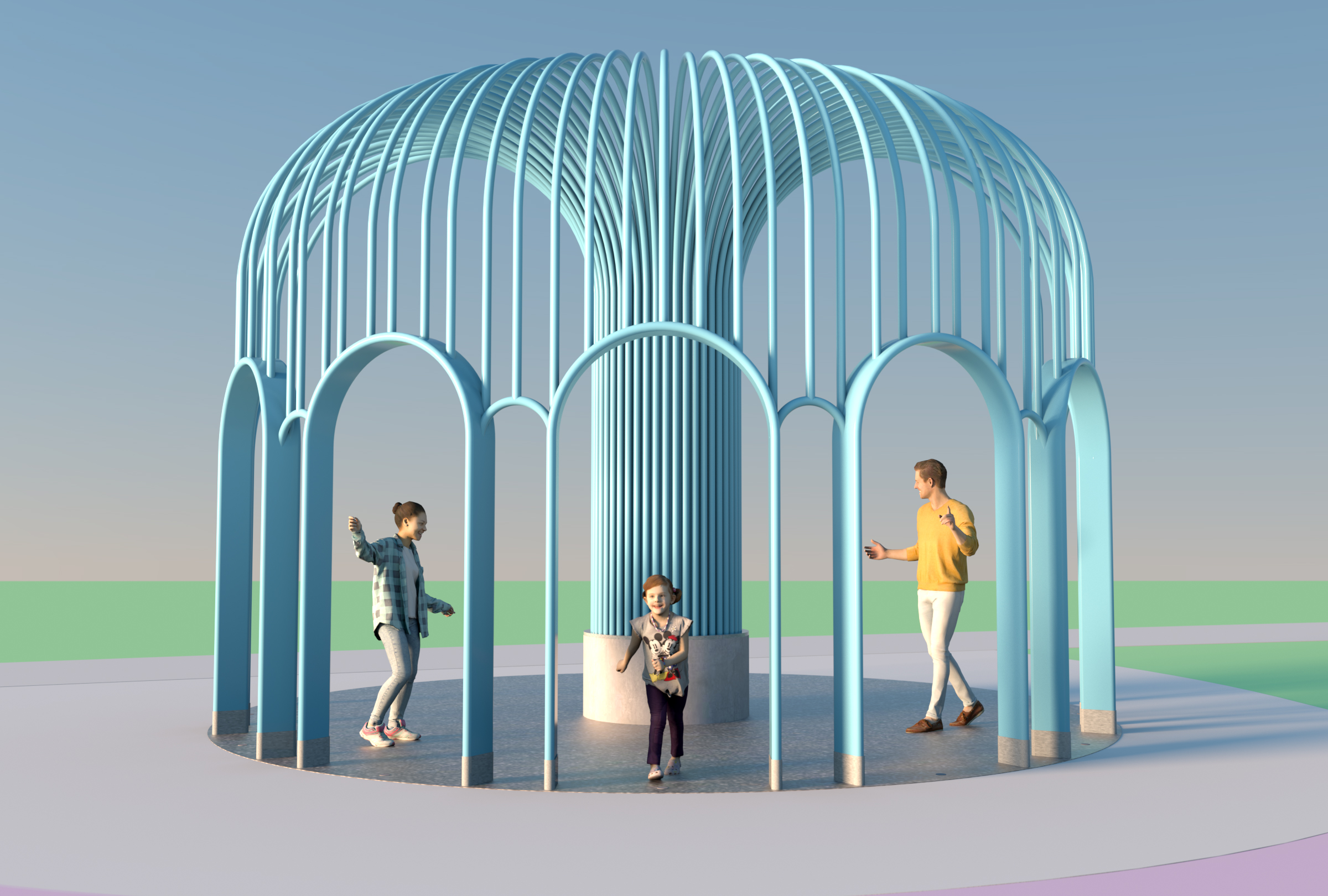 Form and Flow: Seven graceful portals cascade in a semicircular arc, evoking the fluid movement of the Credit River and inviting visitors to flow through a cerulean canopy. This image captures that sense of play, showing a child dancing through the open structure while adults engage with the space, illustrating how the "waterfall" of tubes creates an open, welcoming sculptural pavilion for all ages.