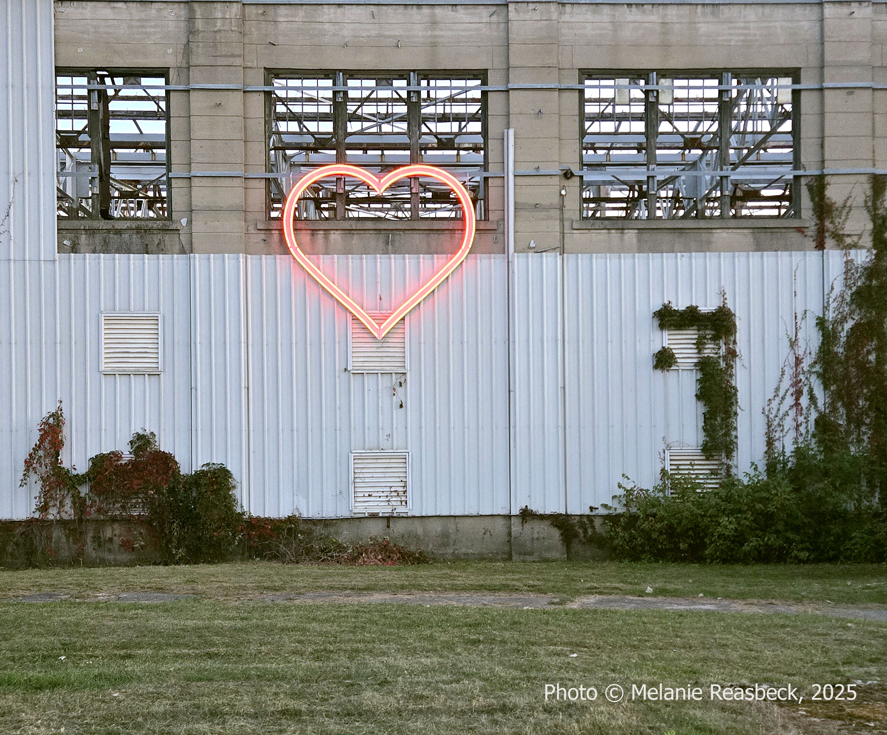 Colour, exterior photo of the heart on the Grand Trunk structure in Stratford, Ontario (2025). The heart is glowing in red LED light. The sculpulture is mounted to the front of the building under the windows. The heart was on loan from Destination Stratford.