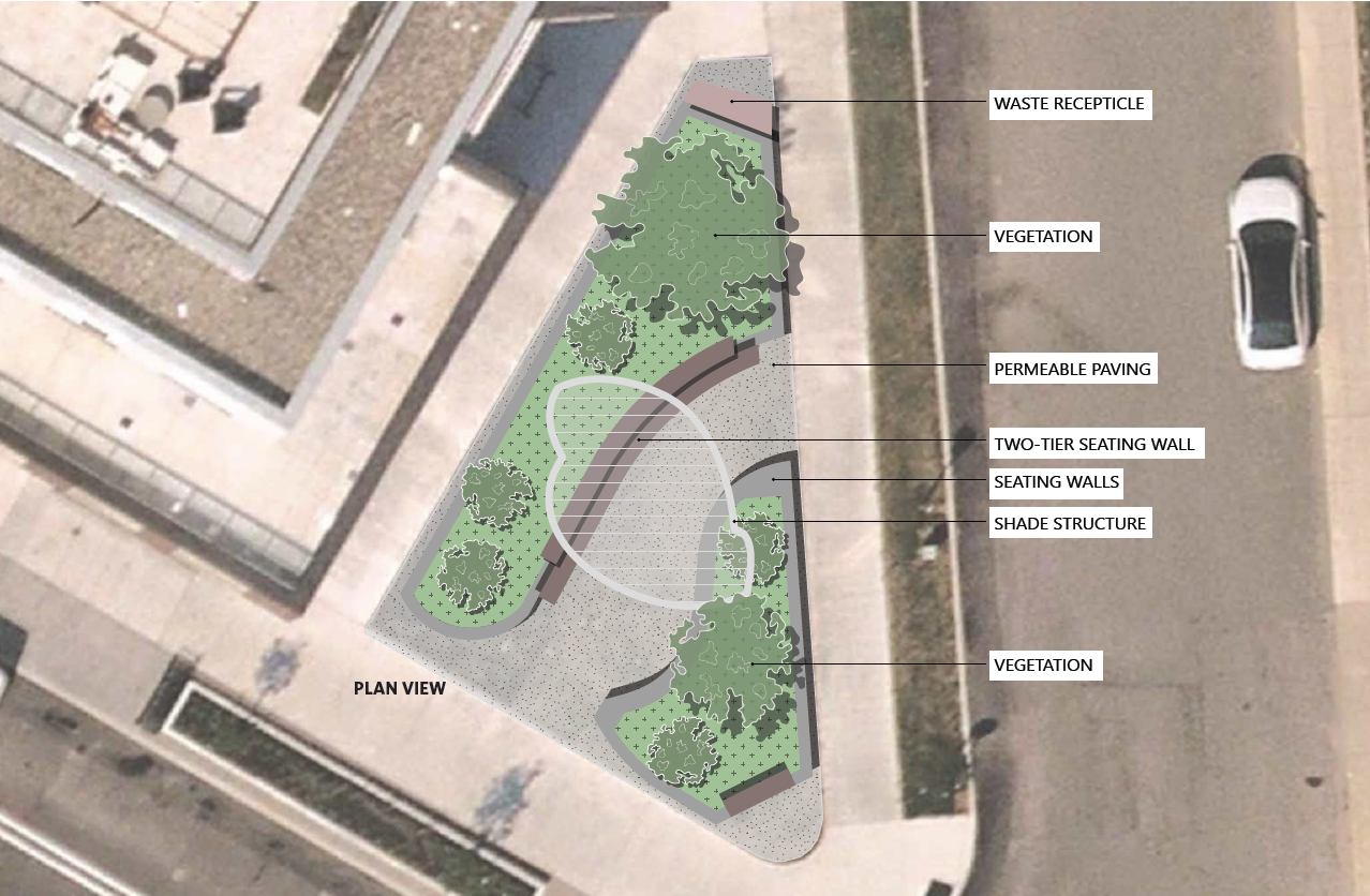 Plan view of design with a walkway through the middle, a two tiered seating wall along the northeast, shadestrcture above the walkway and seating wall planters on either side of the walkway.
