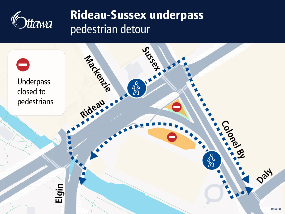 A map providing visuals of the Rideau-Sussex underpass pedestrian detour. 