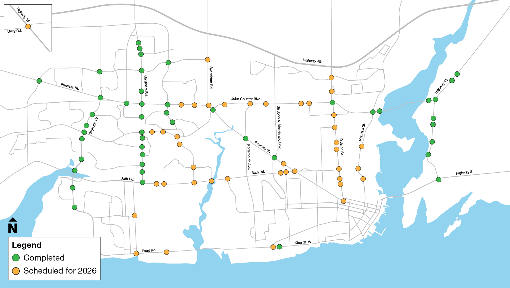 A map of Kingston indicating the locations of intersections where traffic signal technology and detection equipment is being upgraded.