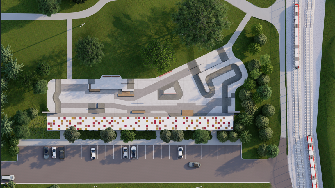 Plan view of skateboard park, shade structure, new parking and site