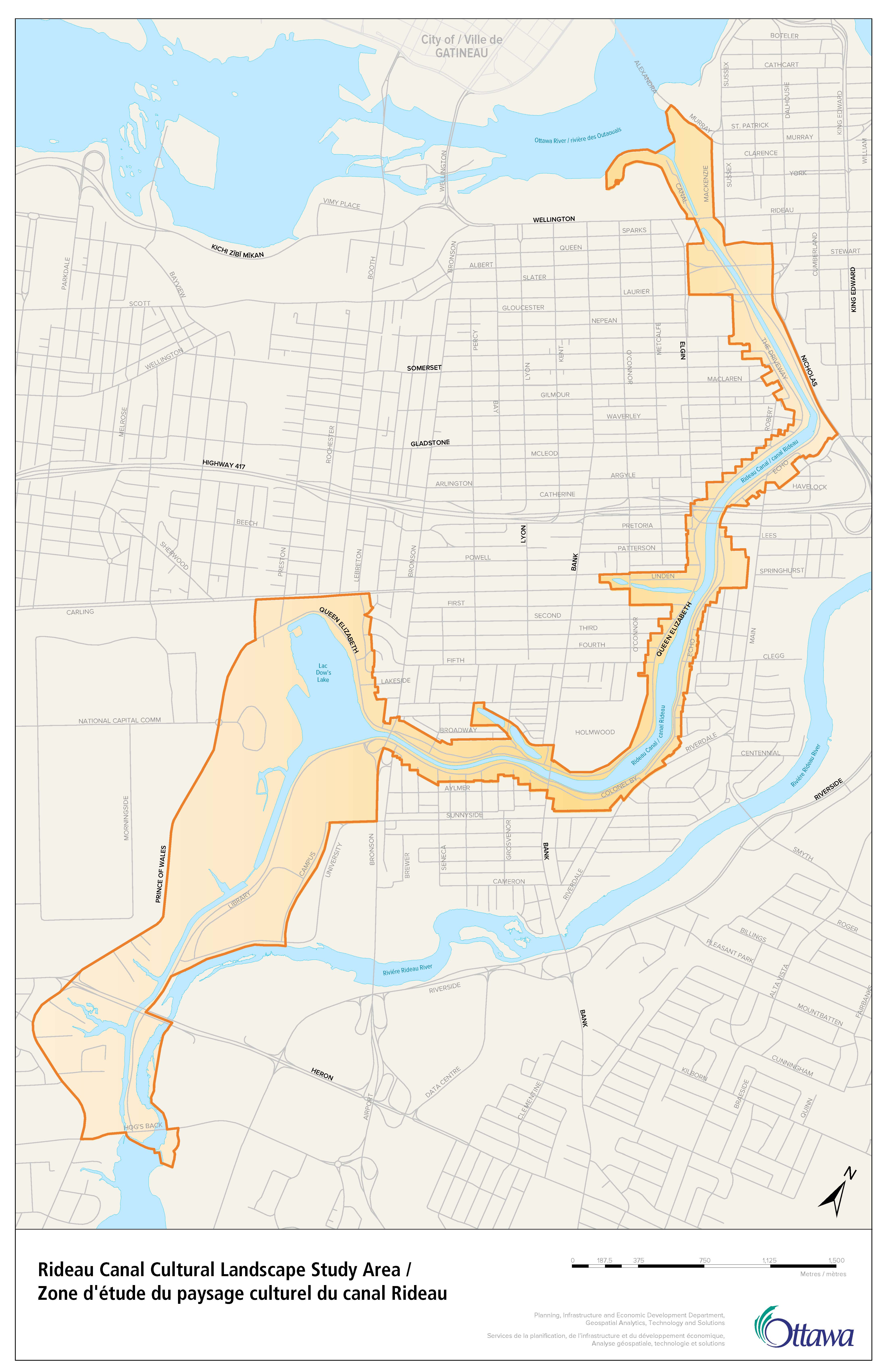 Carte du centre-ville d'Ottawa avec e canal Rideau mis en évidence.