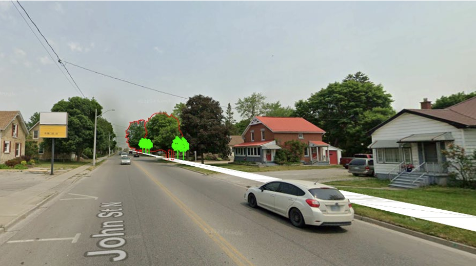 Street view image of John Street North showing that existing trees will be replaced due to construction