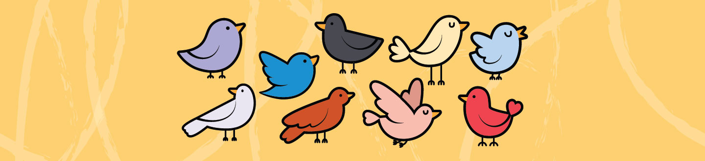 yellow background with 9 different multi-coloured cartoon birds