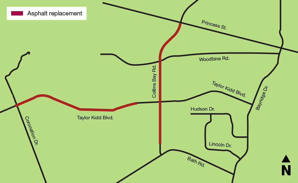 An illustrated map showing where asphalt replacement will occur along Collins Bay Rd. between Bath Road and Princess St., and Taylor Kidd Blvd. between Collins Bay Rd. and Coronation Dr.