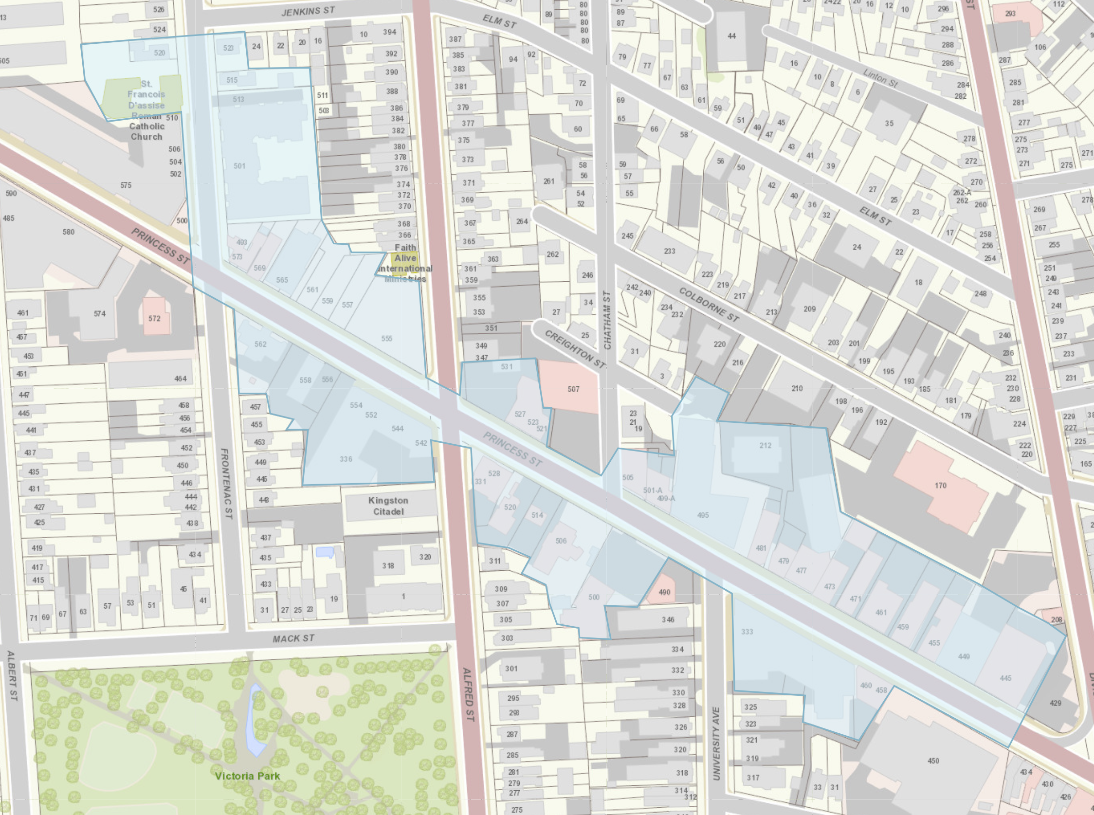A map of Princess Street from Division to Frontenac, and Frontenac north to Jenkins. Affected buildings along the corridor are highlighted in blue.