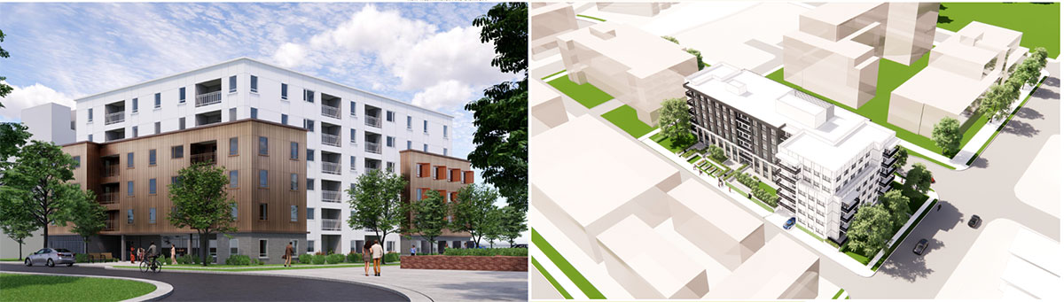 Renderings of the two upcoming BC Housing non-market buildings at Little Mountain.