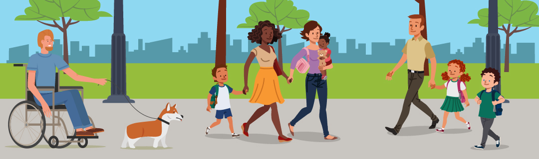 A decorative image depicting cartoon pedestrians of various ages an abilities.