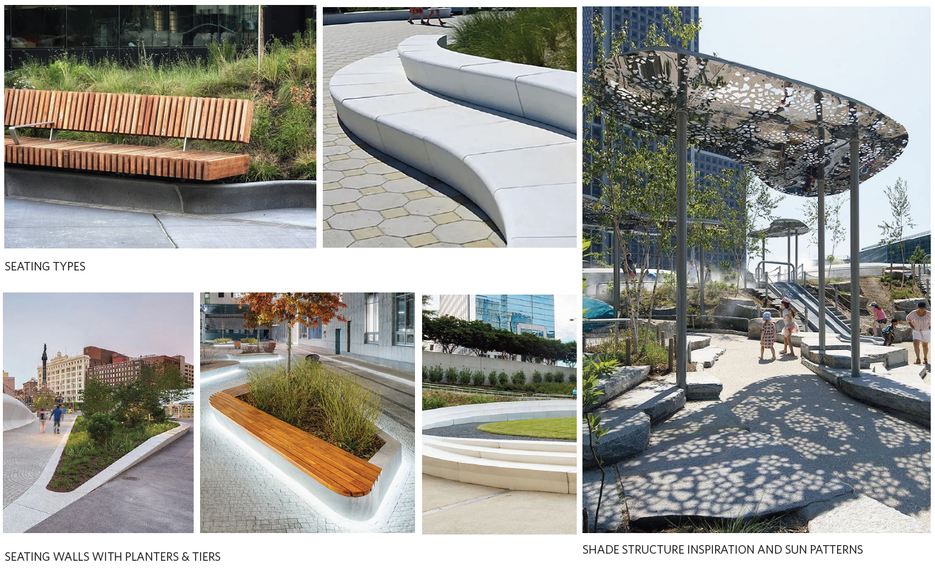 A collage of images showing examples of different amenities in the design, including wooden seating with a back rest, two-tier seating wall, shade structure inspiration showing sun patterns on the pavement, seating wall that connects to the sidewalk for increased visual appeal, lighting along seating wall, and a tiered seating wall with planting in the middle.