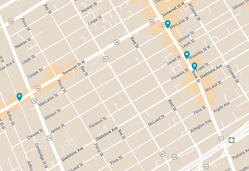 Image of map with pins showing the four Street Seats locations. 