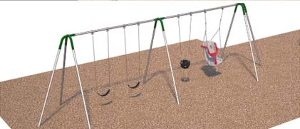 A double-bay swing set that includes two swings, a baby bucket and an accessible bucket swing.
