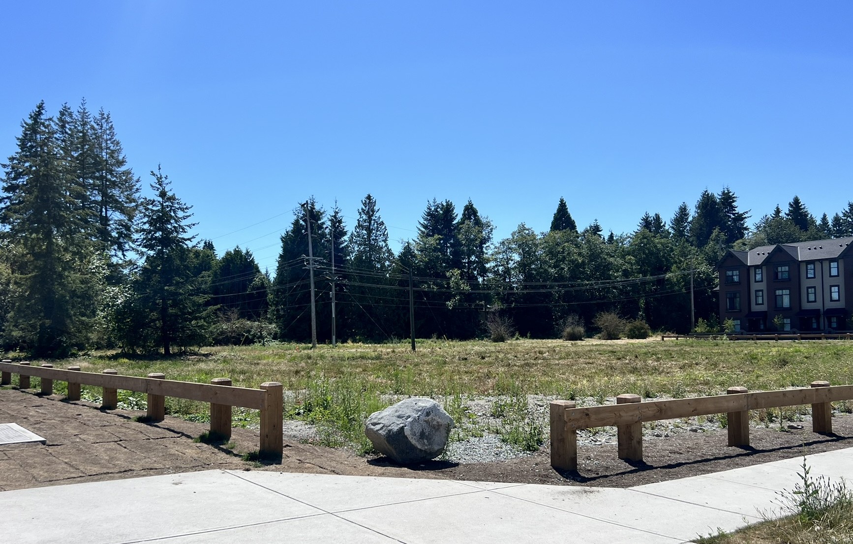 Photo of unimproved park at 58A Avenue and 142 Street looking south-west to empty grassy area.