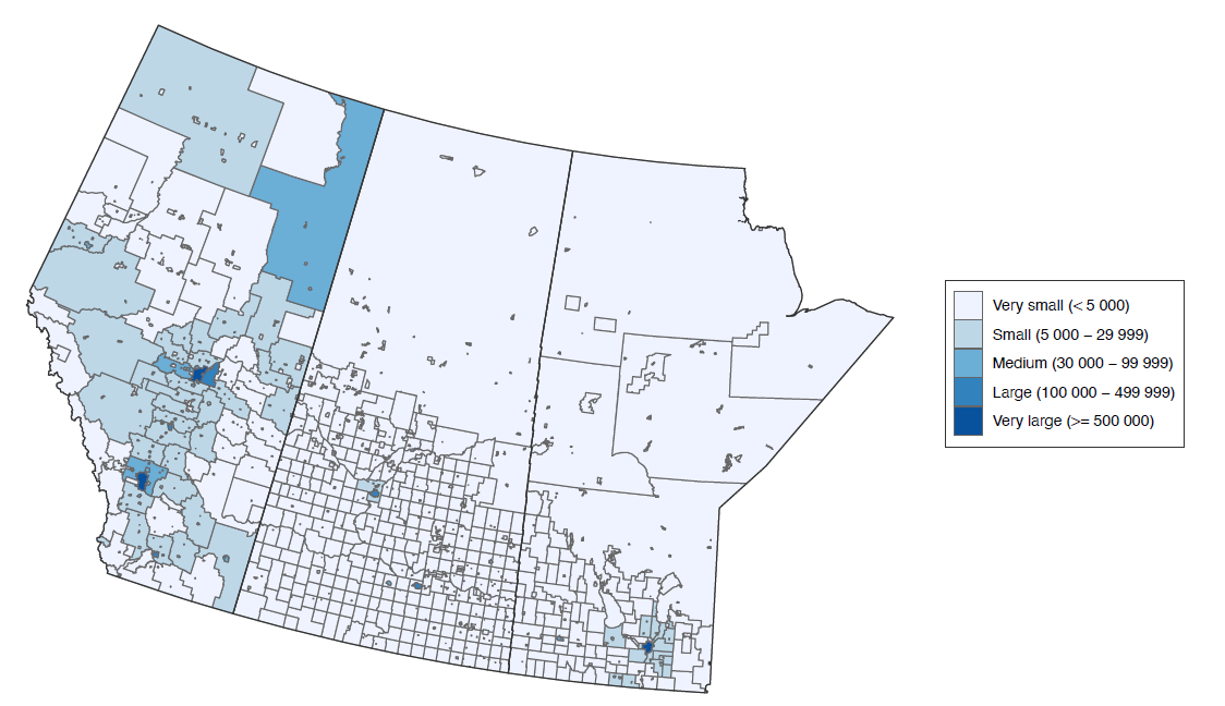 Map of census subdivisions (CSD) in the Prairies region, corresponding to Alberta, Saskatchewan and Manitoba, and shows a concentration of the population in the largest CSDs, as well as relatively higher population in Alberta and CSDs surrounding Winnipeg.