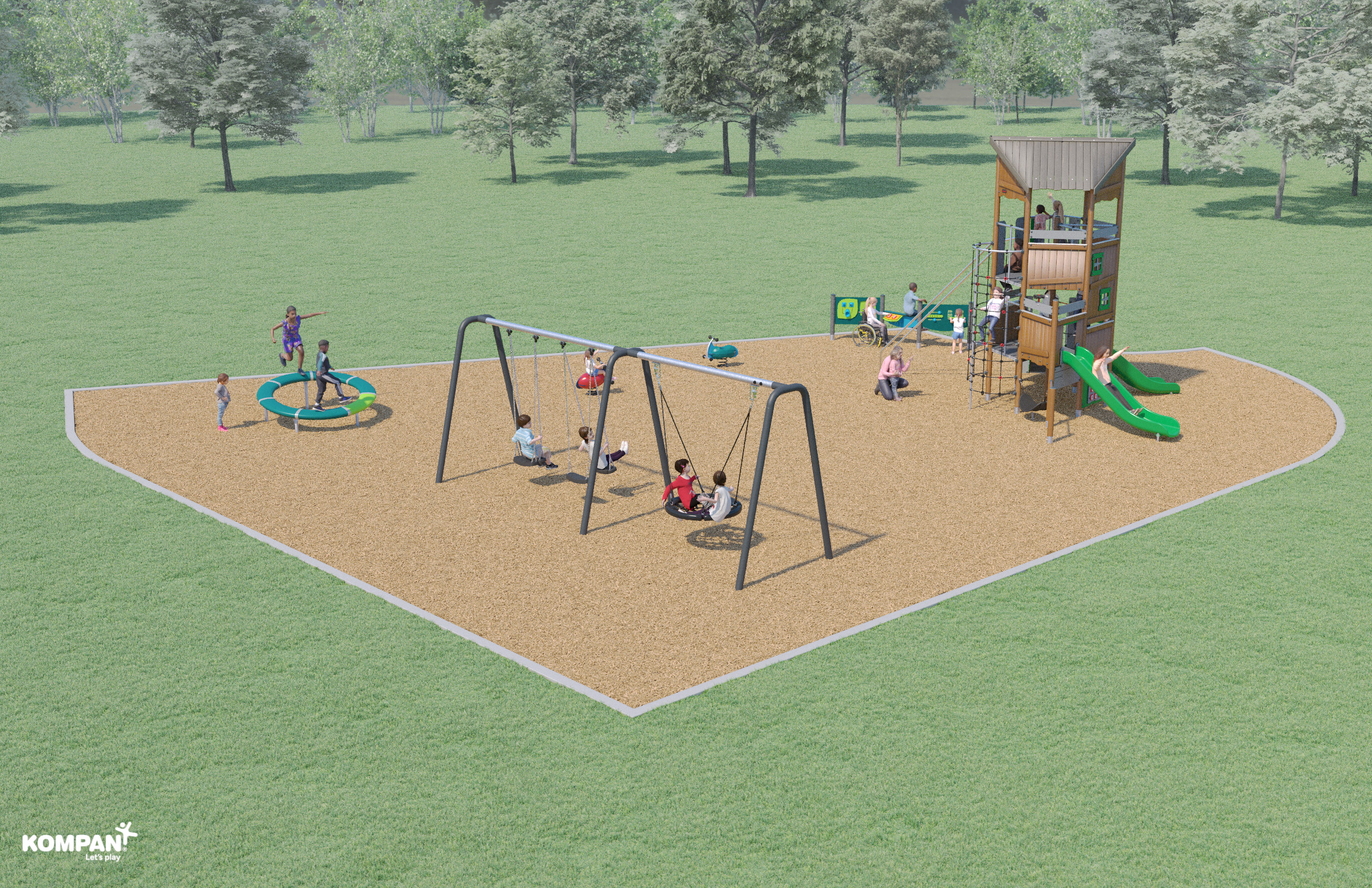 An #D rendered image showing children playing on the new playground.