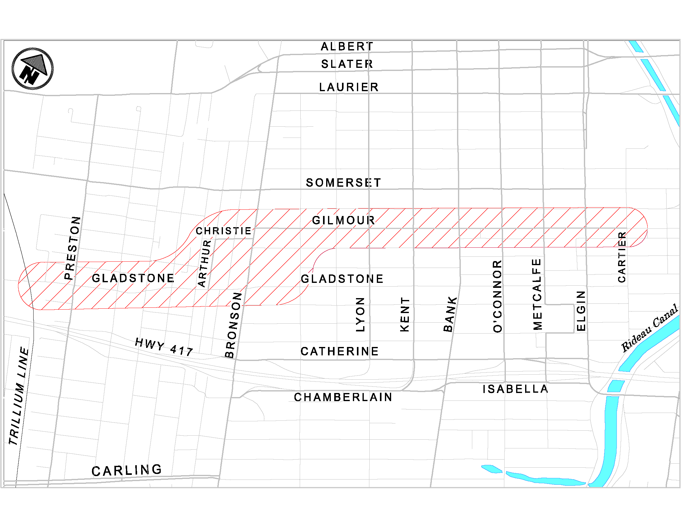 Map of Ottawa Centretown with the study area outlined in red. The study area extends within 2 blocks of Gladstone Avenue from Corso Italia Station to Percy Street and within 2 blocks of Gilmour Street from Bronson Avenue to Cartier Street.