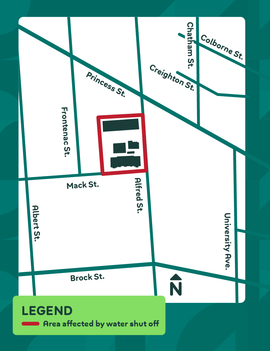 A map showing the area affected by water shutoff. A red box covers five buildings at the southeast corner of Alfred Street and Mack Street.