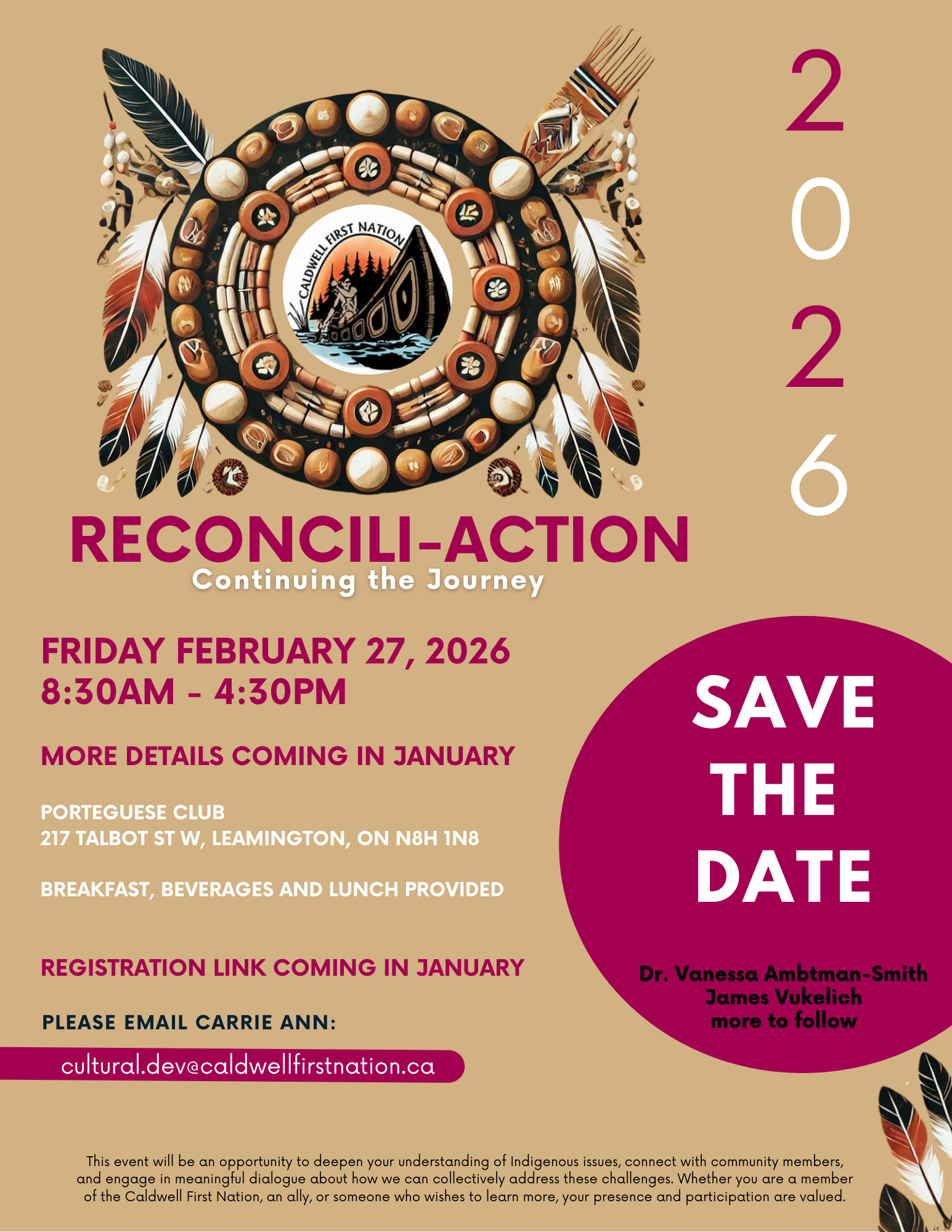 A flyer promoting the event. All text below. Image of Caldwell First Nation logo with natural eleents, in a circle including 7 stones with images, other stones, wooden pieces, feathers, and shells.